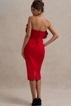 Oria | Red Ruffled Strapless Midi Dress
