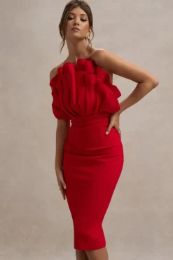 Oria | Red Ruffled Strapless Midi Dress