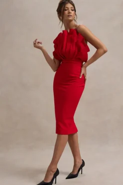 Oria | Red Ruffled Strapless Midi Dress