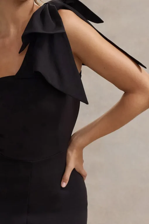 Orilla | Black One-Shoulder Wide-Leg Jumpsuit With Bow