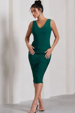 Out Of Love | Bottle Green Ruched Bodycon Plunge-Neck Midi Dress