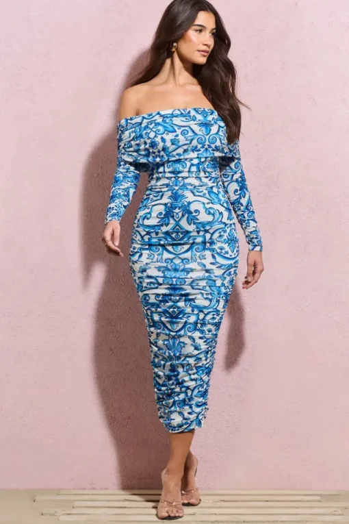 Over Love | Blue Porcelain Print Bardot Midi Dress