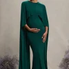 Padma | Bottle Green Draped Maternity Maxi Dress With Cape Sleeves