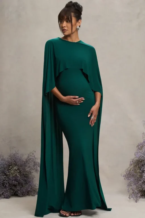 Padma | Bottle Green Draped Maternity Maxi Dress With Cape Sleeves