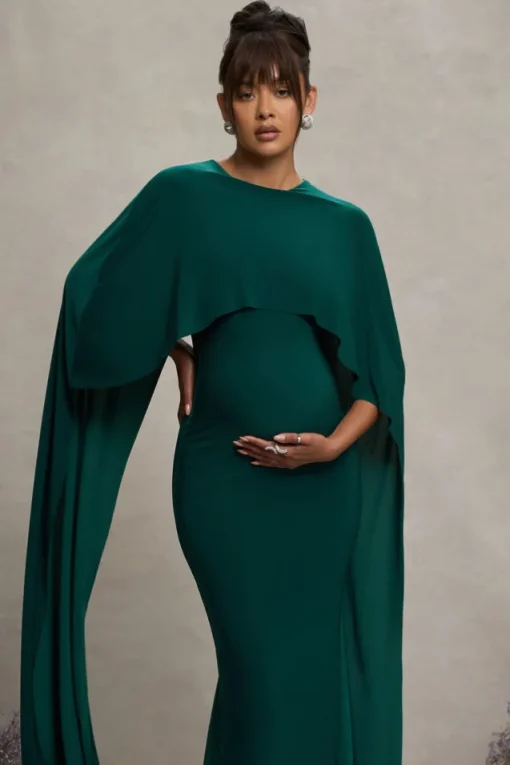 Padma | Bottle Green Draped Maternity Maxi Dress With Cape Sleeves