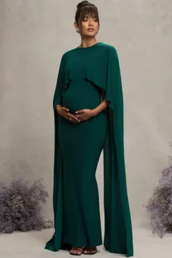 Padma | Bottle Green Draped Maternity Maxi Dress With Cape Sleeves