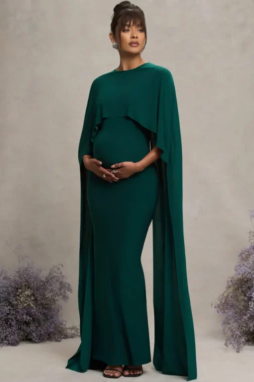 Padma | Bottle Green Draped Maternity Maxi Dress With Cape Sleeves