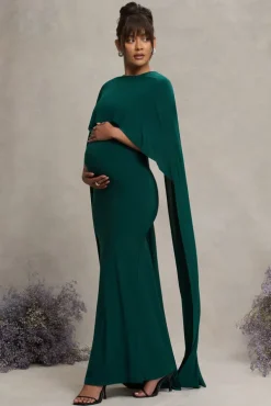 Padma | Bottle Green Draped Maternity Maxi Dress With Cape Sleeves