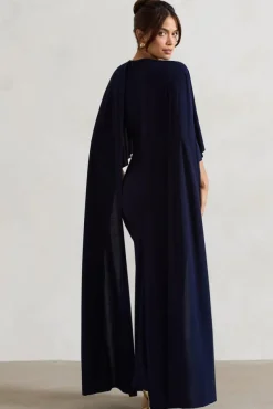 Padma | Navy Draped Maxi Dress With Cape Sleeves