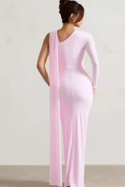 Padua | Pink Asymmetric One-Sleeve Wrap Maxi Dress With Sash