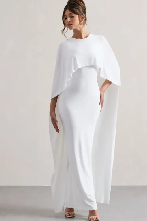 Palena | White Draped Maxi Dress With Cape Sleeves