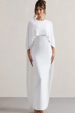 Palena | White Draped Maxi Dress With Cape Sleeves