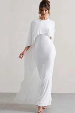 Palena | White Draped Maxi Dress With Cape Sleeves