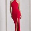 Pamela | Red Halter-Neck Sleeveless Split Maxi Dress
