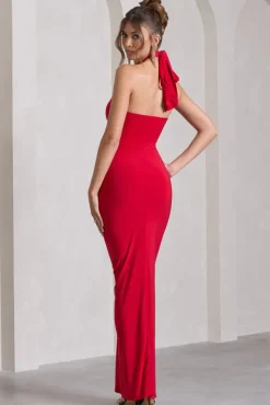 Pamela | Red Halter-Neck Sleeveless Split Maxi Dress