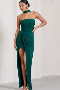 Paprika | Bottle Green Ruched Halter-Neck Bandeau Maxi Dress