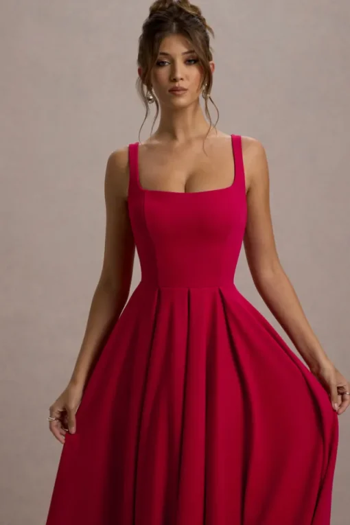 Parina | Red Strappy Volume-Hem Maxi Dress