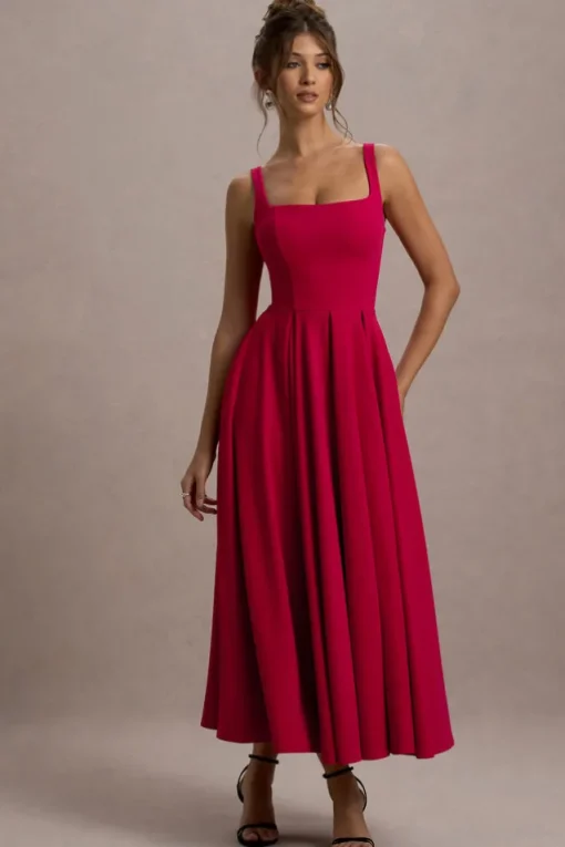 Parina | Red Strappy Volume-Hem Maxi Dress