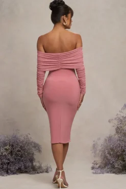 Patiently Waiting | Blush Pink Maternity Ruched Mesh Bardot Midi Dress