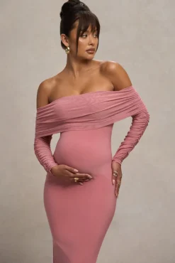 Patiently Waiting | Blush Pink Maternity Ruched Mesh Bardot Midi Dress