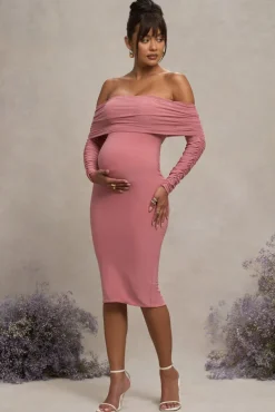 Patiently Waiting | Blush Pink Maternity Ruched Mesh Bardot Midi Dress