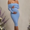 Patiently Waiting | Powder Blue Maternity Ruched Mesh Bardot Midi Dress