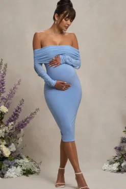 Patiently Waiting | Powder Blue Maternity Ruched Mesh Bardot Midi Dress