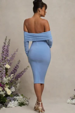 Patiently Waiting | Powder Blue Maternity Ruched Mesh Bardot Midi Dress