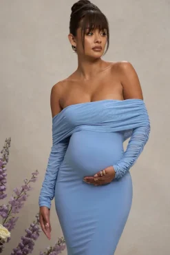 Patiently Waiting | Powder Blue Maternity Ruched Mesh Bardot Midi Dress