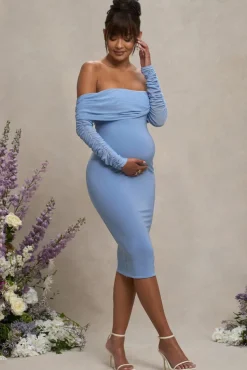 Patiently Waiting | Powder Blue Maternity Ruched Mesh Bardot Midi Dress
