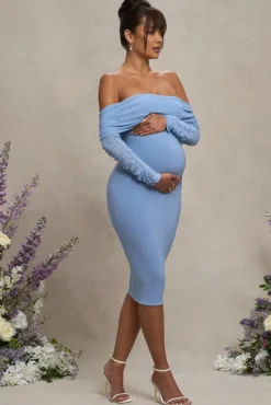Patiently Waiting | Powder Blue Maternity Ruched Mesh Bardot Midi Dress