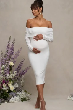 Patiently Waiting | White Maternity Ruched Mesh Bardot Midi Dress