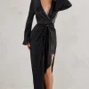 Patricia | Black Extreme Plunge Long Sleeve Maxi Dress With Tie Detail
