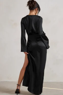 Patricia | Black Extreme Plunge Long Sleeve Maxi Dress With Tie Detail