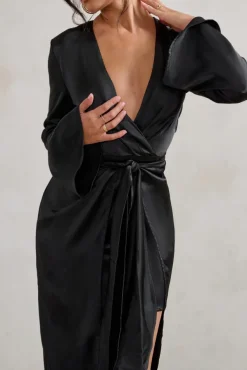 Patricia | Black Extreme Plunge Long Sleeve Maxi Dress With Tie Detail