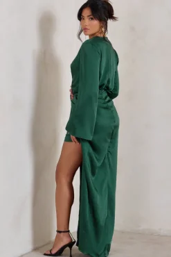 Patricia | Green Extreme Plunge Long Sleeve Maxi Dress With Tie Detail