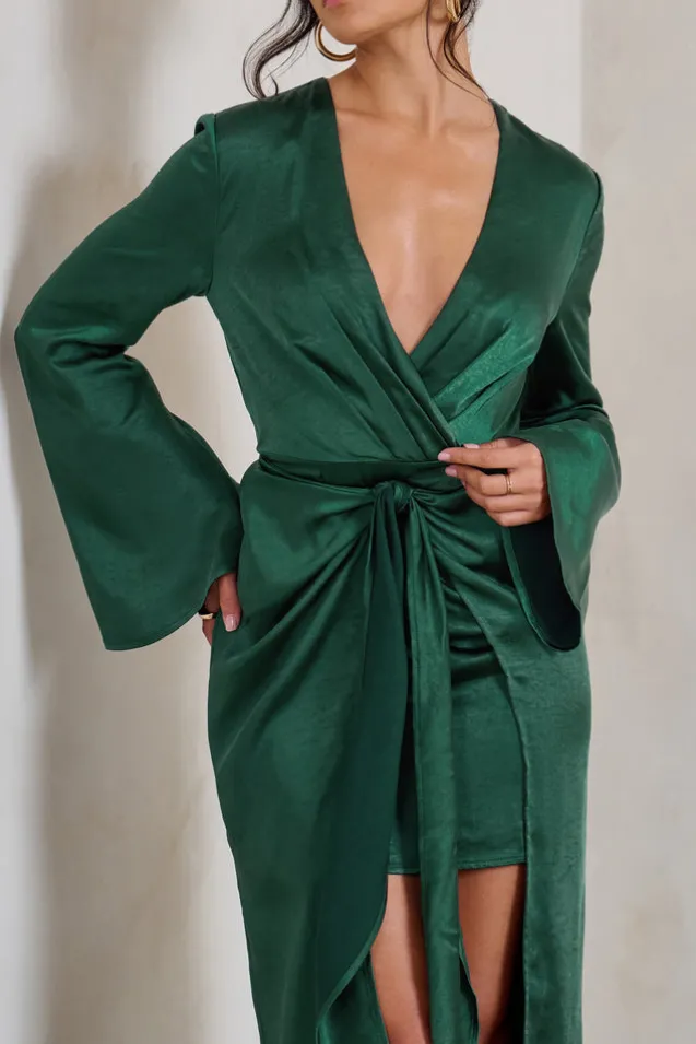Patricia | Green Extreme Plunge Long Sleeve Maxi Dress With Tie Detail