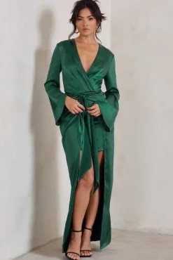 Patricia | Green Extreme Plunge Long Sleeve Maxi Dress With Tie Detail