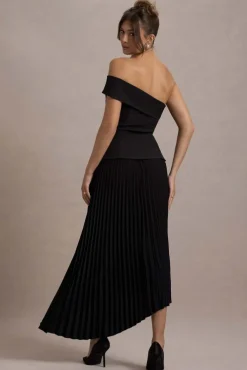 Pauline | Black Bardot Tailored Maxi Dress With Plisse Skirt