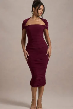 Paxos | Burgundy Ruched Short-Sleeve Midi Dress