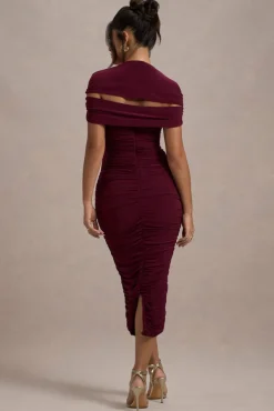 Paxos | Burgundy Ruched Short-Sleeve Midi Dress