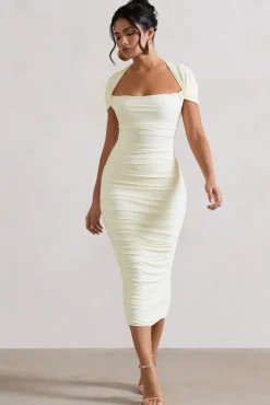 Paxos | Ecru Ruched Short-Sleeve Midi Dress