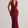 Payton | Berry Ruched Halter-Neck Maxi Dress