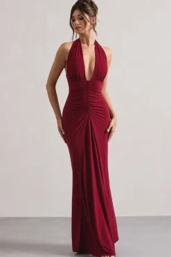 Payton | Berry Ruched Halter-Neck Maxi Dress