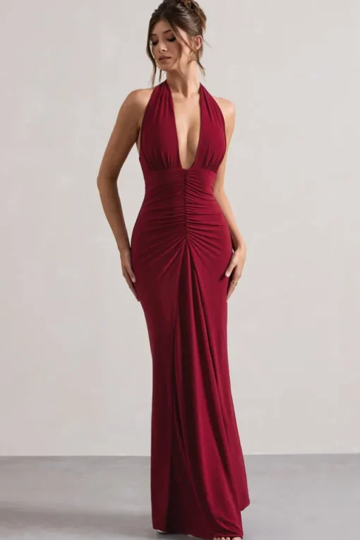 Payton | Berry Ruched Halter-Neck Maxi Dress