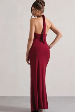 Payton | Berry Ruched Halter-Neck Maxi Dress