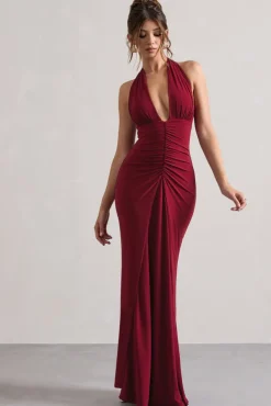 Payton | Berry Ruched Halter-Neck Maxi Dress