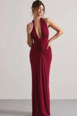 Payton | Berry Ruched Halter-Neck Maxi Dress