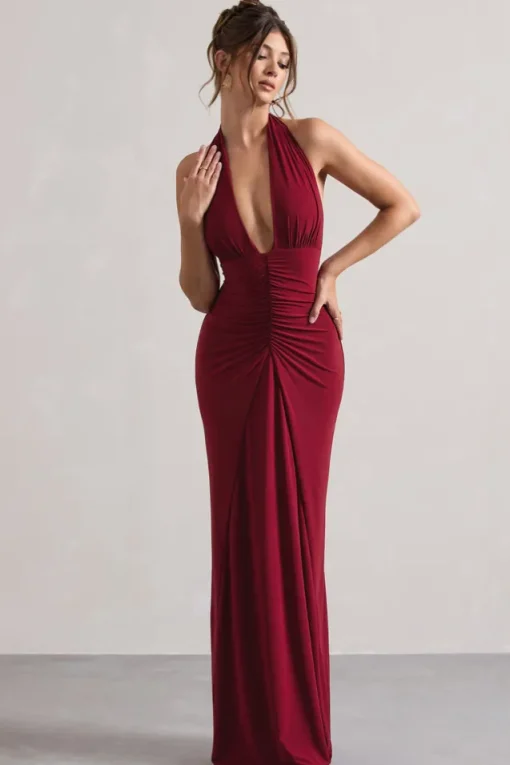 Payton | Berry Ruched Halter-Neck Maxi Dress