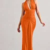 Payton | Orange Ruched Halter-Neck Maxi Dress